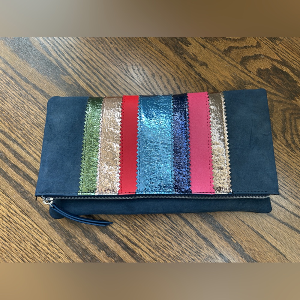 Stylish Navy Clutch with Multicolor Metallic Stripes